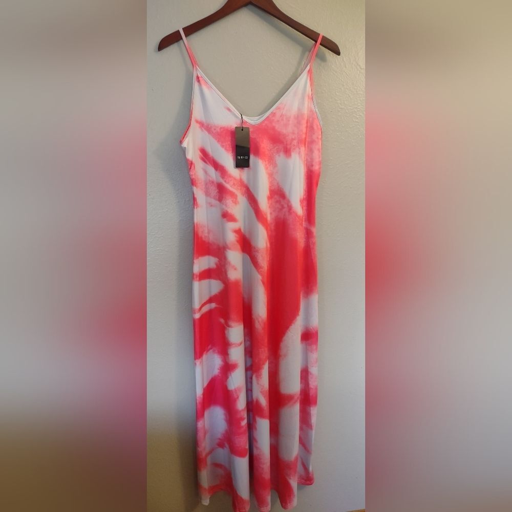 Sheilay Sunset Swirl Maxi Dress - Hot Coral Pink &  Silver Gray Tie-Dye